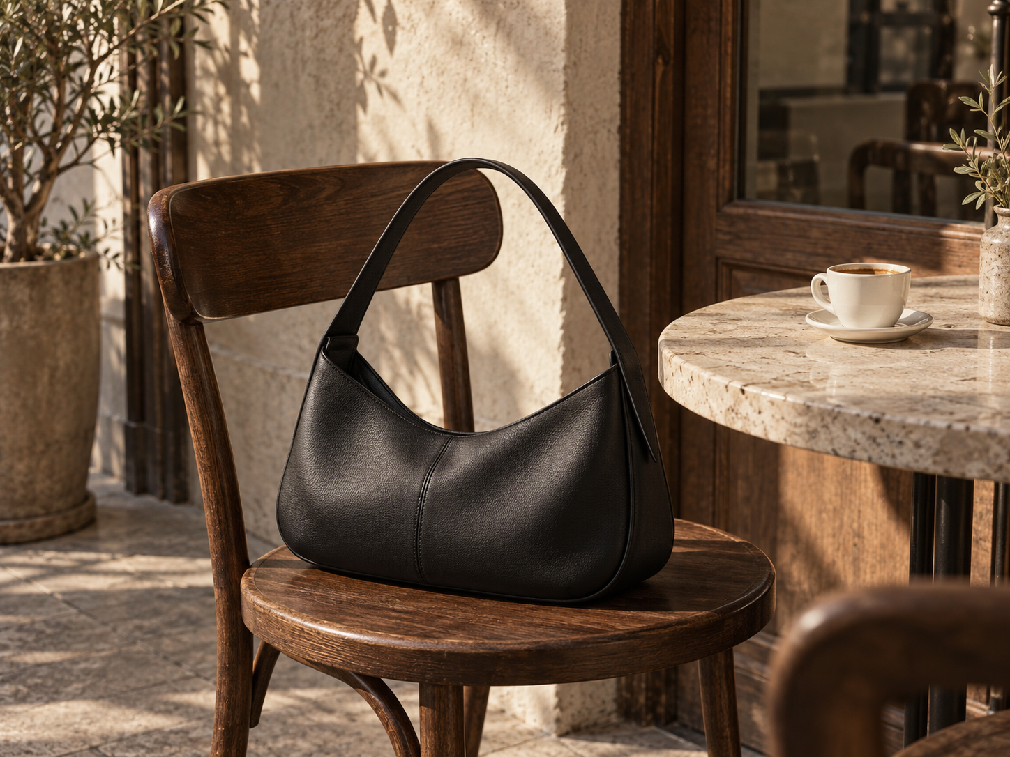 AI concept of an ink-black shoulder bag on a wooden chair at a sunlit café