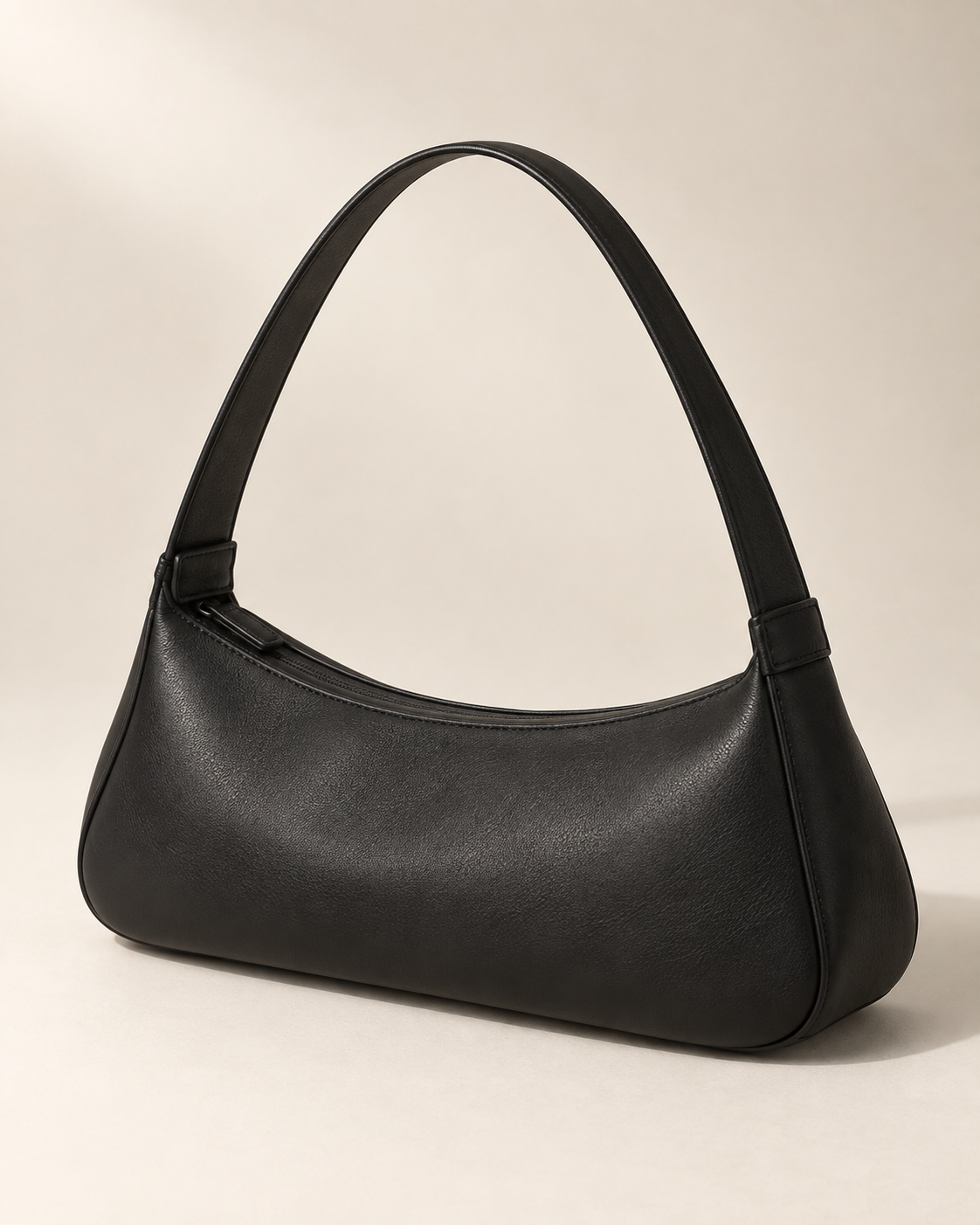 AI-generated black shoulder bag with a softly curved silhouette