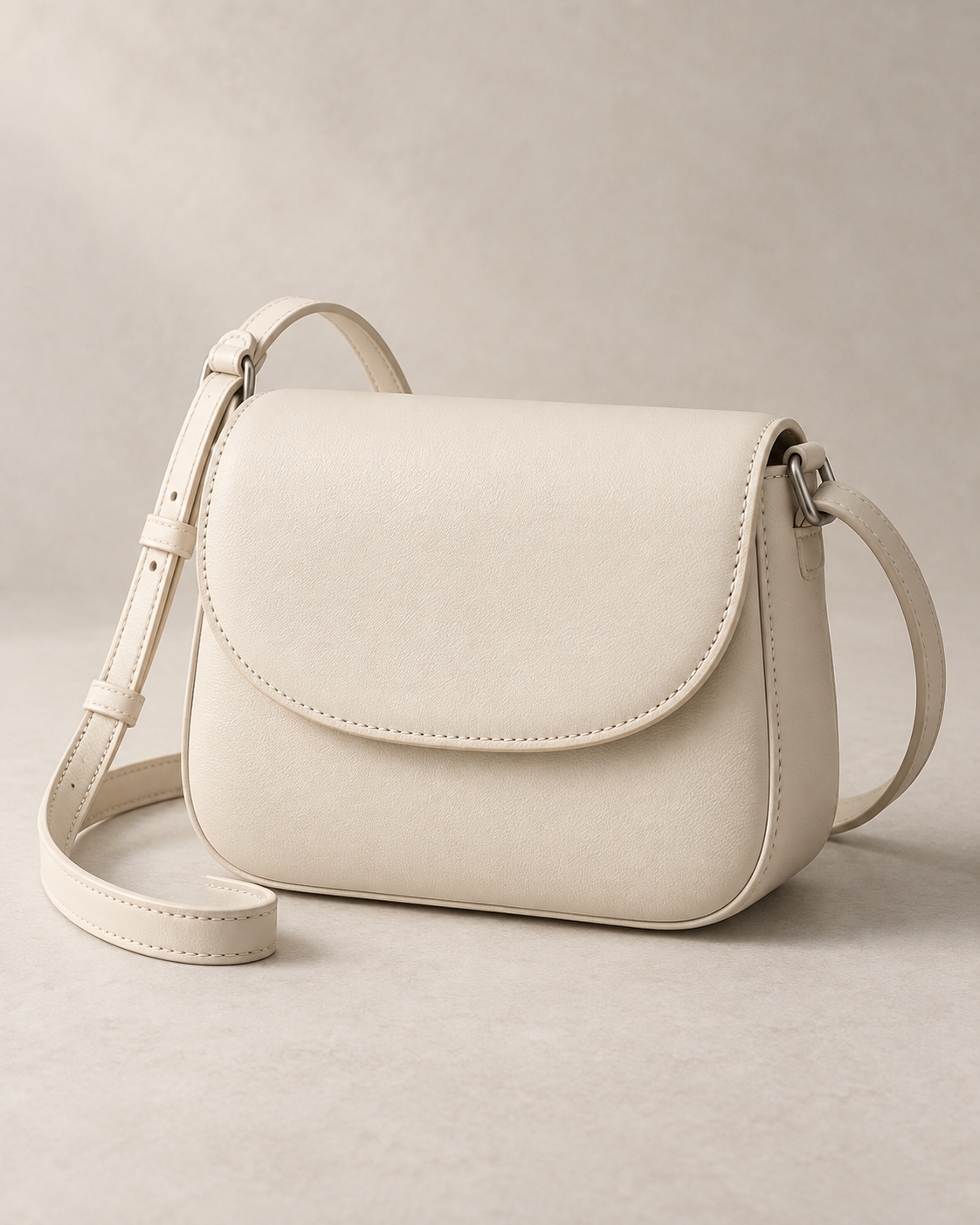 AI-generated ivory crossbody bag with a curved flap